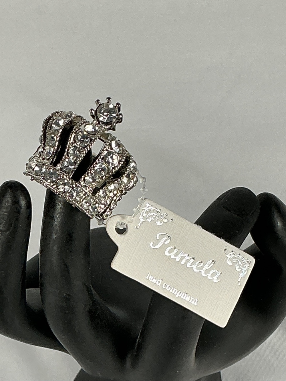 Pamela NWT Crystal Crown Statement Cocktail Ring Size 8 9 10 Silver
